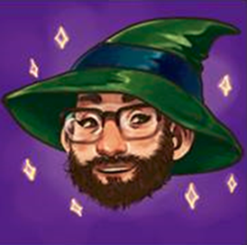 cartoon of author Zak wearing a wizard hat