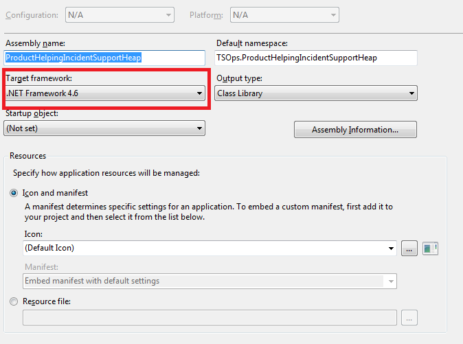 Application item > Target framework > .NET Framework 4.6