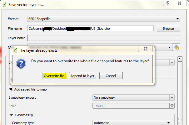 Na tela Save Vector Layer as, o botão Overwrite File está destacado