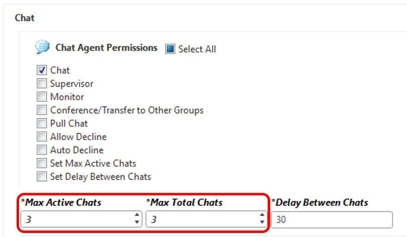 Edit a Profile, select Permissions, Service tab, and the Max and Total session settings appear at the bottom of the Chat Agent Permissions.