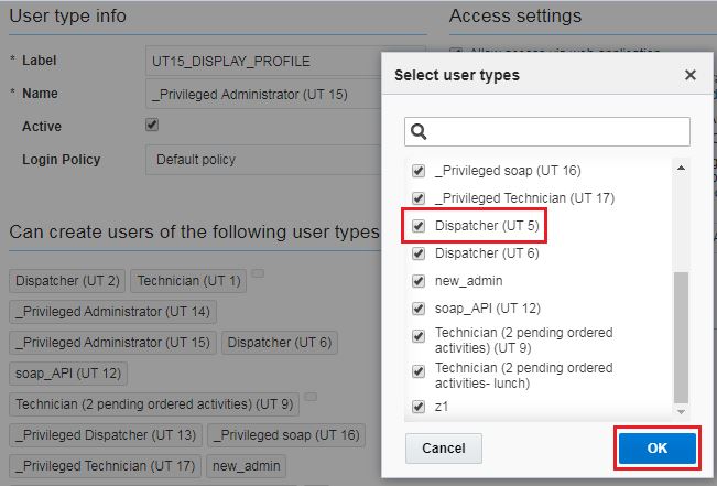 Configuration > User Type. Select my own User Type in the list. Under option 'Can create users of the following user types' box for new User Type Dispatcher (UT 5) is checked. Save button is highlighted.