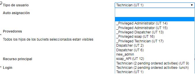 Pantalla Crear Usuario > El nuevo Tipo de Usuario Dispatcher (UT 5) no se muestra en la lista.