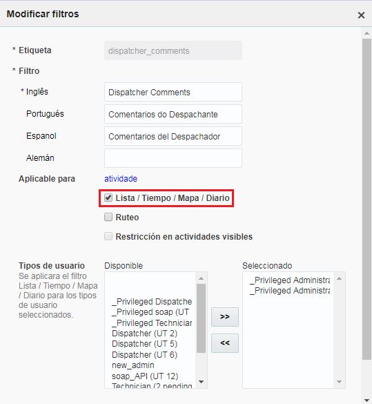 Configuración > Filtros > Modificar filtro. Parámetro 'Lista/Tiempo/Mapa/Diario' está sellectionado. 'Ruteo' y 'Restricción en actividades visibles' no están seleccionados.