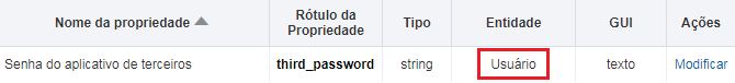 Configuração > Propriedades. Propriedade 'Senha do aplicativo de terceiros' é exibida.