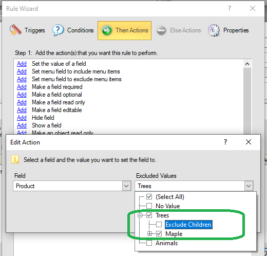 Rule Wizard > Then Actions > Set menu field to exclude menu items > example: Incident Product field > Exclude Children check box appears inline with sub-products