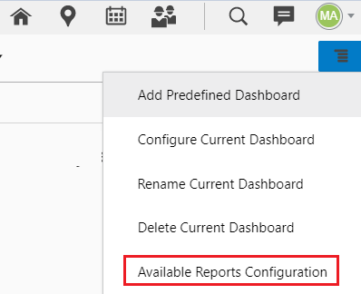 Configuration > Dashboards > Menu > 'Available Reports Configuration' is highlighted