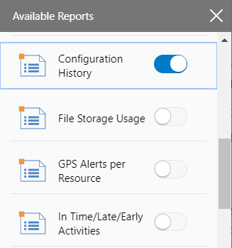 Configuration > Dashboards. Configuration History report inside Available Reports screen shows button enabled in blue color