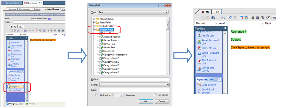 Edit survey, from Toolbox, Dynamic Content section, select Merge Field, expand the Incident Fields folder and select either incident reference number or subject or both.