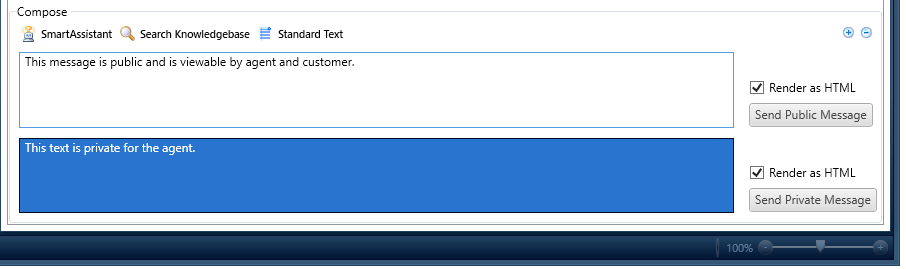 Enter text in the appropriate Compose field (public or private). Next to each field is the option to Send Public Message or Send Private Message.