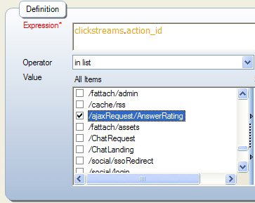 Expression = clickstreams.action_id in list Value = /ajaxRequest/AnswerRating