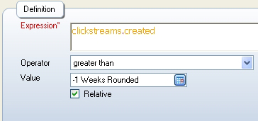 Expression = clickstreams.created greater than -1 Weeks Rounded Relative