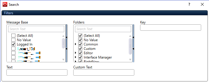Filters: Message Base interface, Folders, Key, Text value, Custom Text