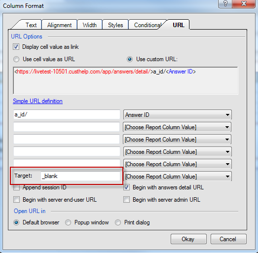 Column Formatting options, select URL tab