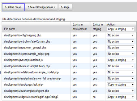 Select Files, Select Configurations, then Stage process shows where files exist between development and staging