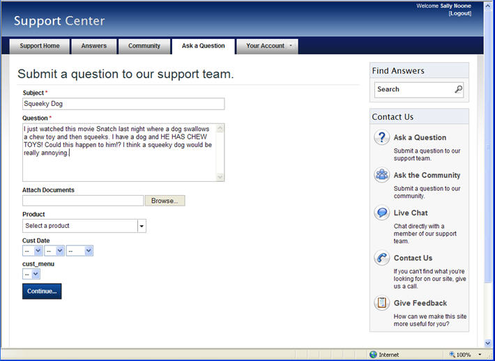 From Customer Portal page, Ask a Question page, the user will select Continue to start submitting their question.