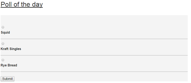 Illustrates Poll of the day, showing three radio-button options and a Submit button