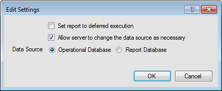In Edit Settings window, uncheck 'Set report to deferred execution' and the Data Source to either Operational or Report Database and then OK.