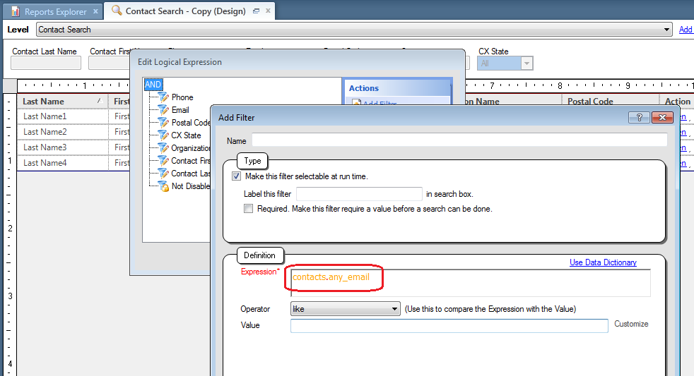 Edit report, add filter, enter contacts.any_email for the Expression and select the like operator.  Click ok out of the filters, save the report. Generate it to test.