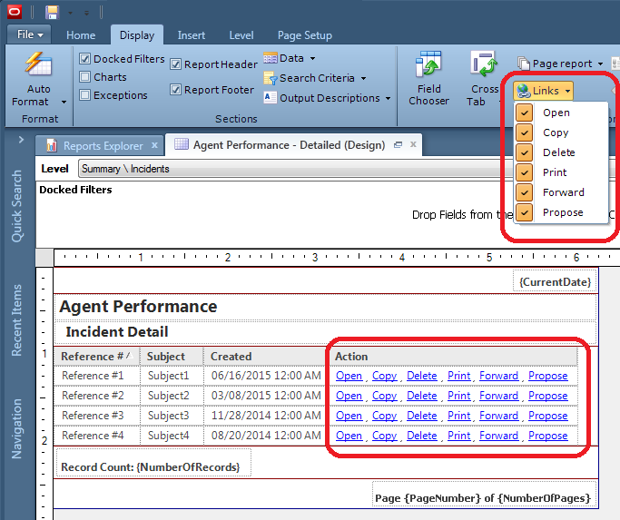 Edit a report, from the Display ribbon, select Links.  Enable or disable each option: Open, Copy, Delete, Print, Forward, Propose