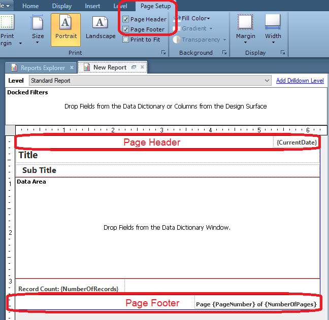 Edit report, select Page Setup tab in ribbon, options for Page Header and Page Footer appear in the Print section