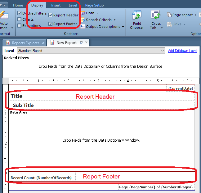 Edit report, select Display tab in ribbon, options for Report Header and Report Footer are available