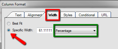 Column Format, Width sub-tab, select Specific Width and change the drop down to the measure you wish