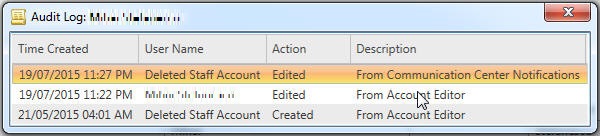 Audit Log shows Deleted Staff Account edited from Communication Center Notifications