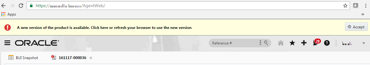 Alert appears at the top of the BUI console stating, "A new version of the product is available. Click here or refresh your browser to use the new version."