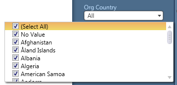 No Value is checked in the menu list of checked items for the Org Country field