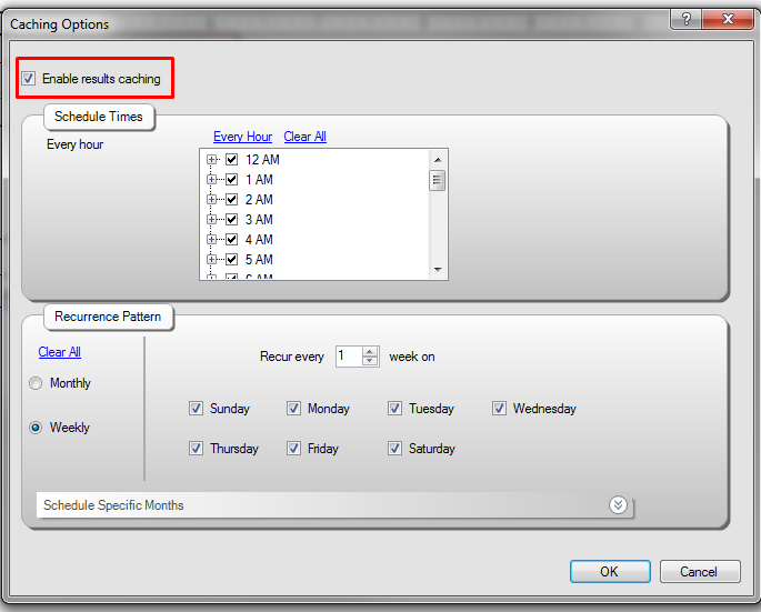 Enable the checkbox to Enable results caching