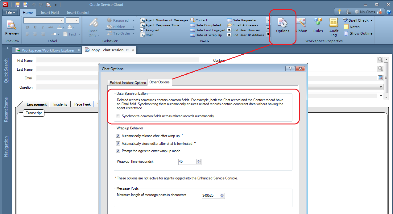 Edit chat session workspace, from Home ribbon, select Options. From the Chat Options window, select Other Options tab and make your Data Synchronization selection.