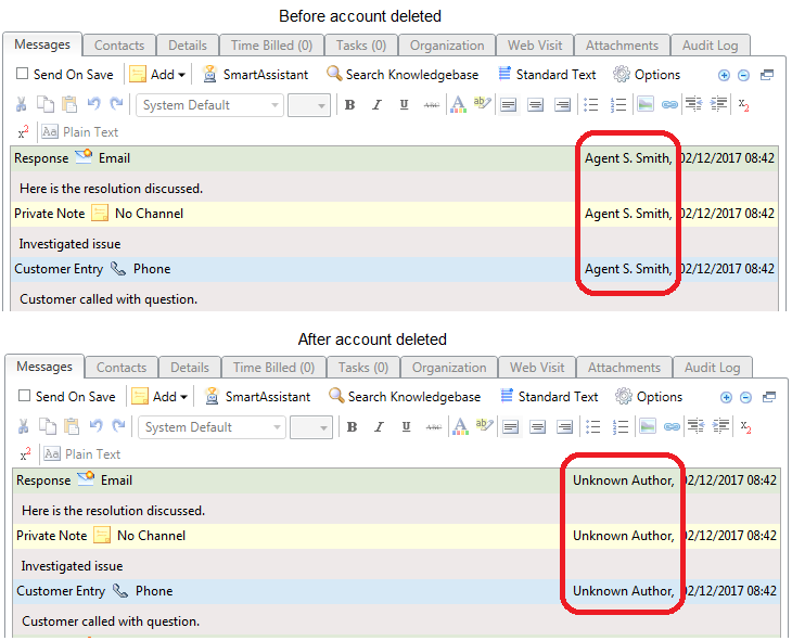 Before account deleted, thread title bars show the agent's name who entered the thread.  After the account is deleted, thread title bars show "Unknown Author".