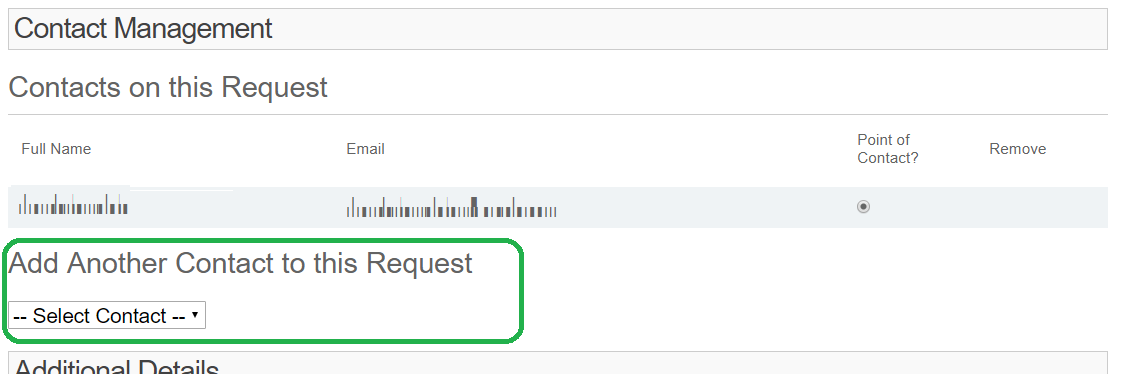 Contact Management, Contacts on this Request, Add Another Contact to this Request drop down