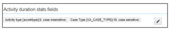 Statistics > Activity duration stats fields shows value: Activity type[awortype] (5, case insensitive) and Case Type[ XA_CASE_TYPE] (10, case sensitive)