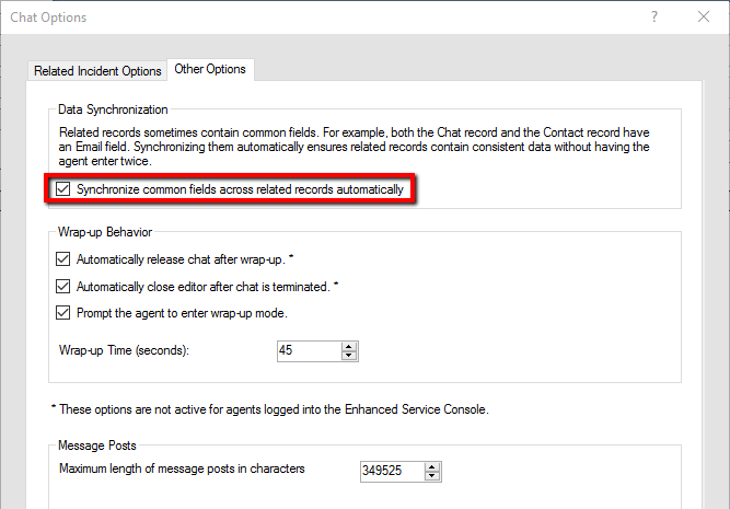 Chat Options > Data Synchronization > checkbox next to Synchronize common fields across related records automatically