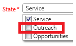 Contact State options include Service, Outreach and Opportunities. Any or all can be selected.