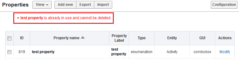 Properties screen. Error message 'Test property is already in use and cannot be deleted'