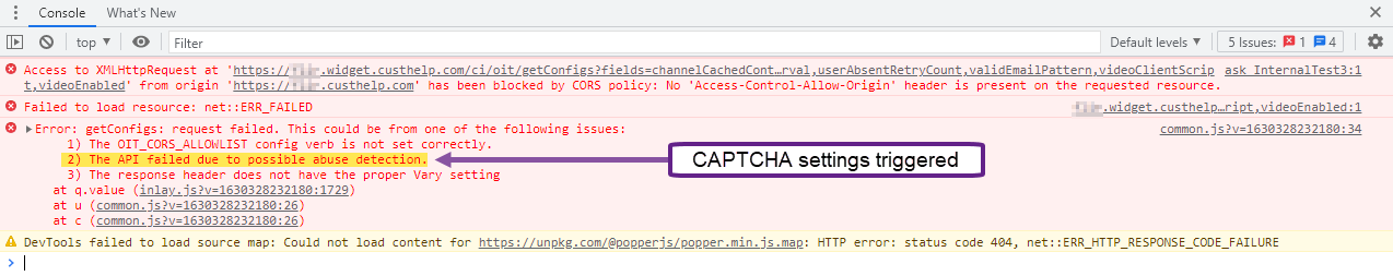 Developer Tools screenshot pointing to error getConfigs: request failed. This could be from one of the following issues: 2) The API failed due to possible abuse detection.