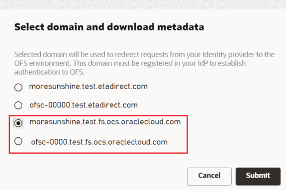 Política de Login > OFS Domínio e Metadata > Download >o domínio 'fs'ocs.oraclecloud.com' está ressaltado
