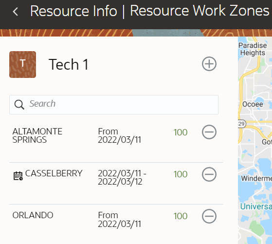 Resource Info > Work Zones. Displays two regular work zones and one temporary work zone