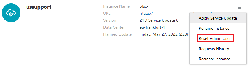 OFS Service Console shows option "Reset Admin User"
