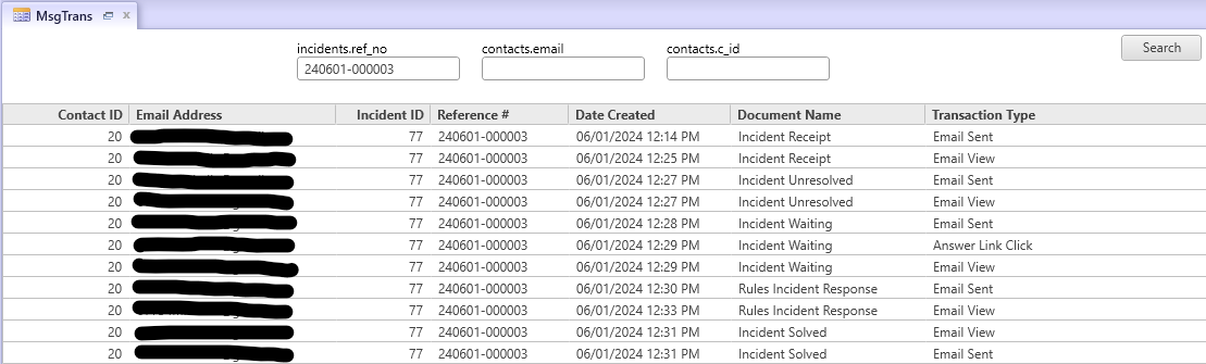 Sample results showing several message template emails sent and viewed by the contact