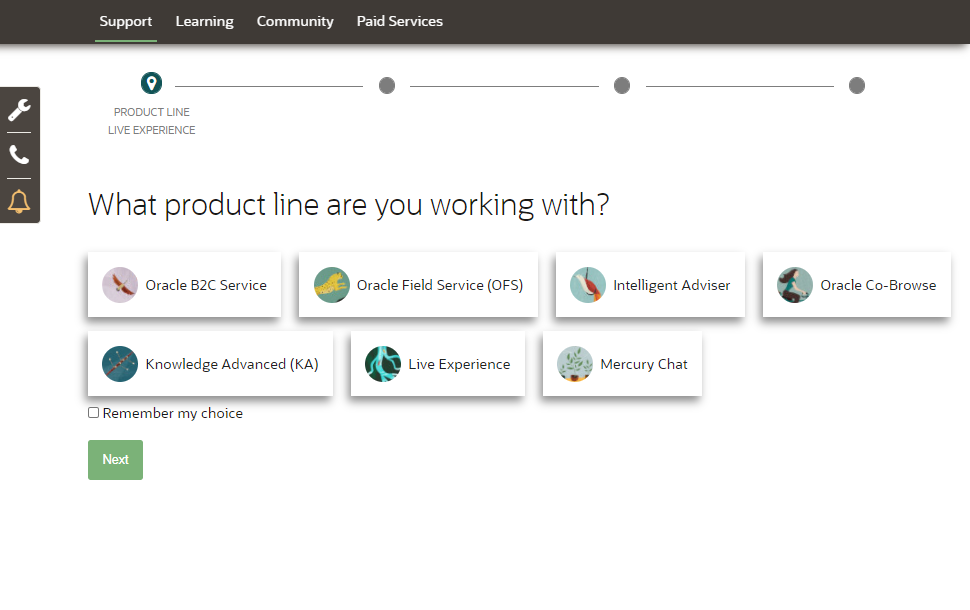 Select a product area when submitting a service request